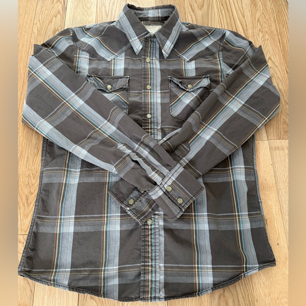 HOLLISTER Western Style Button Up Shirt Pearl Snap Flannel Brown And White Small